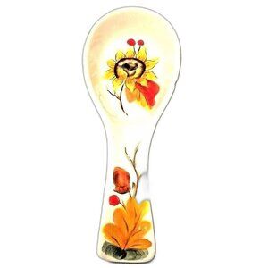 Harvest Sunflower Spoon Rest Kitchen Stoneware 10-Inch Hand Painted Cream Orange